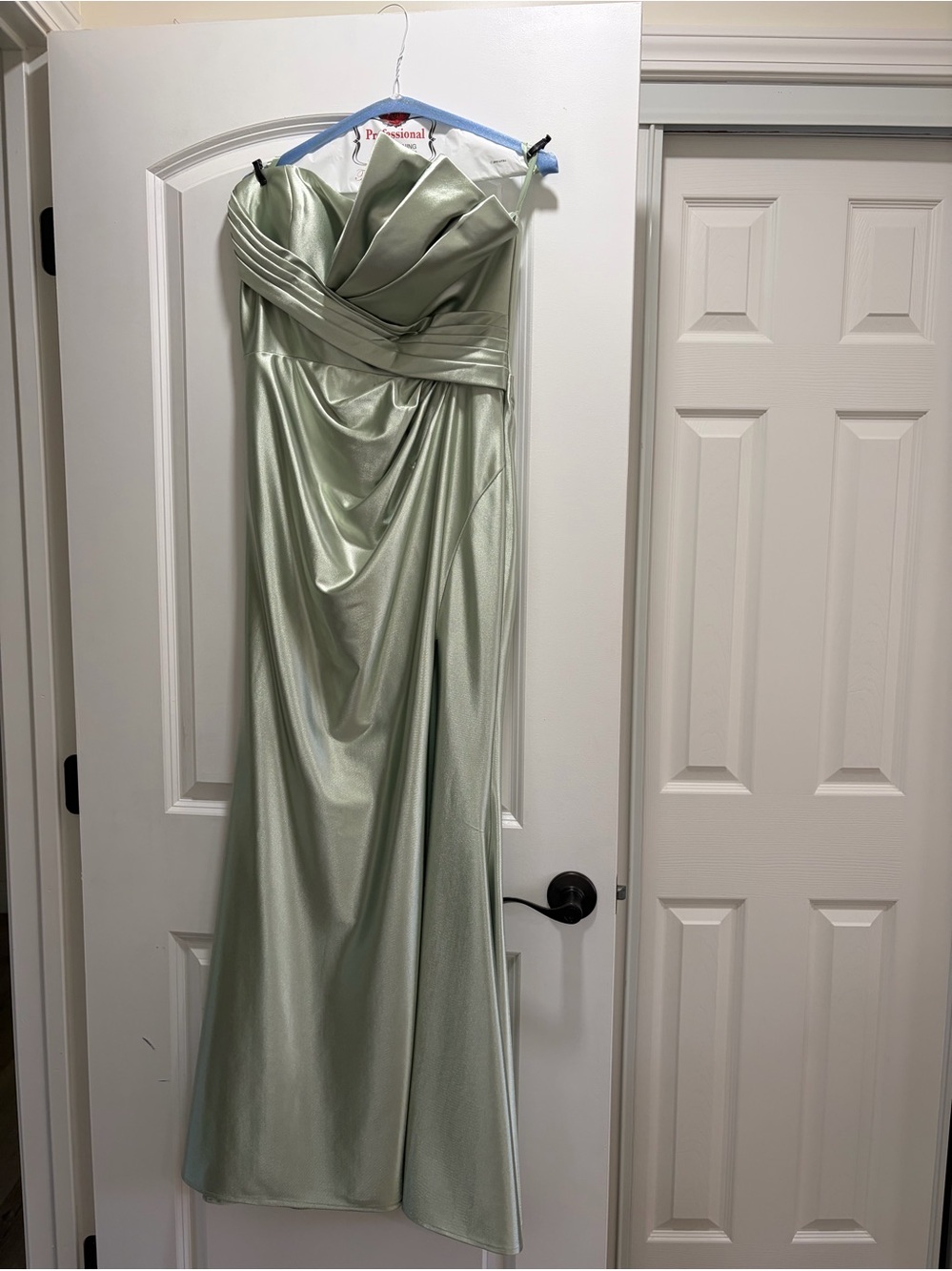 Ladivine by Cinderella Divine Sage Green Satin Strapless Midi Dress Altered - 10